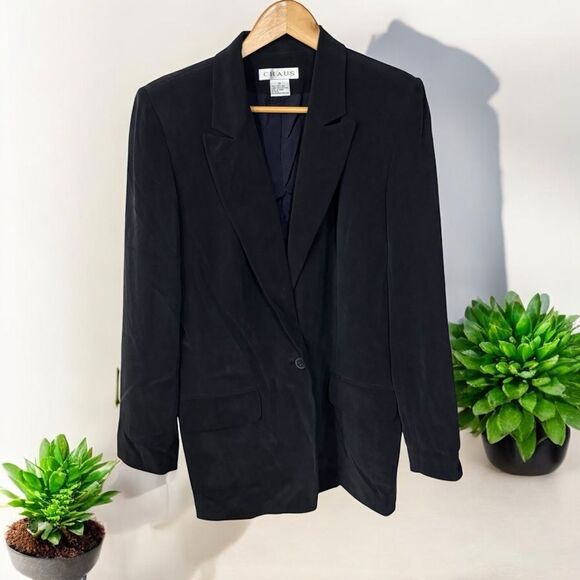 Chaus Vintage 100% Silk size 10 Black Blazer Tailored Suit Jacket - Picture 1 of 7